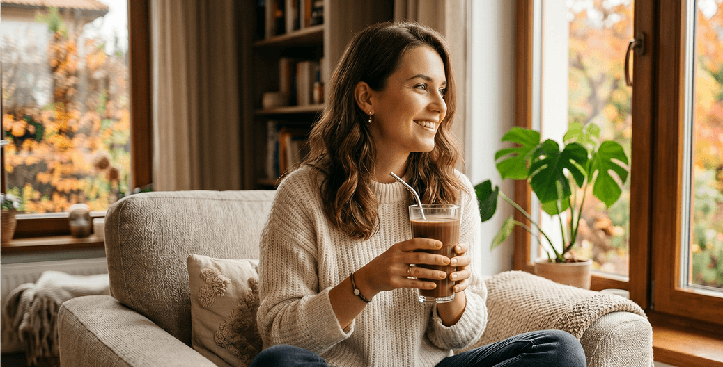 Lächelnde Frau hält ein Glas Chocolate Dreamzzz