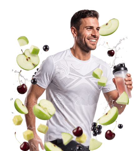 Ein Mann in Sportkleidung rennt und hält dabei einen Shaker in der Hand.