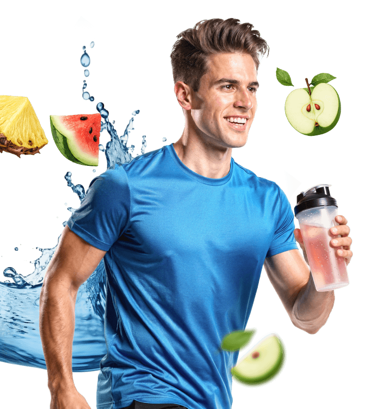 Ein Mann in Sportkleidung rennt und hält dabei einen Shaker in der Hand.